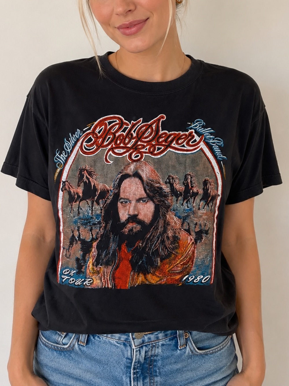 VINTAGE 1980 Tour T-Shirt Bob Seger Black Tee, Cleveland Rocks, World Series